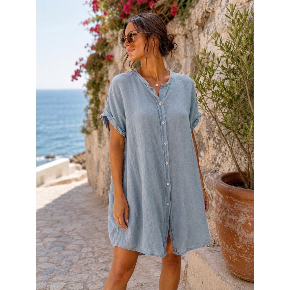100% Linen Italian Blue Button Front Tunic Dress Oversized Size 46
